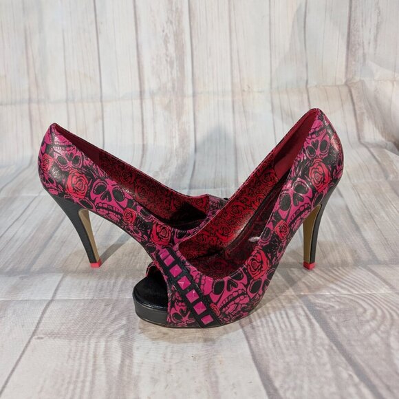 JustFab Women's Pink-Black Skull Peep Toe Heels Size 41 - Picture 9 of 11